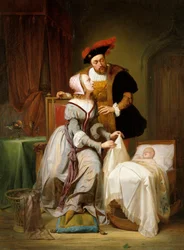 Kaiser Karl und seine Geliebte Johanna Van der Gheynst an der Wiege ihrer Tochter Margarete