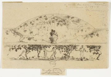 Jupiter und Alkmene und Nymphen und Satyrn auf einem Friesenmedaillon, Studie für die Dekoration eines Rahmens