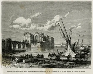 Das maritime Schloss von Sidon vor der Bombardierung von 1840. Gravur von Th. Weber, zur Illustration der Geschichte La Syrie d