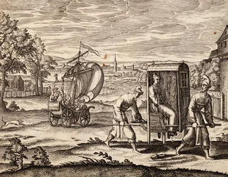 Chinesische Sänfte, Ostindien, Stich nach einem Werk von Theodor de Bry, China
