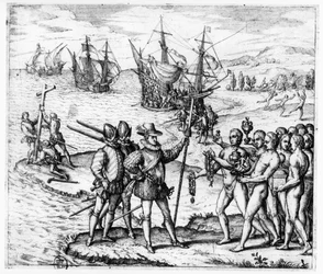 Christoph Kolumbus (1451-1506) empfängt auf Hispaniola (Haiti) Geschenke vom Kaziken Guacanagari, aus „Americae Tertia Pars IV“, 1594