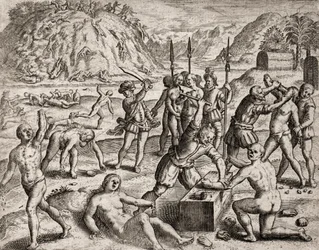Beschreibung der von spanischen Siedlern an Indianern verübten Verbrechen - Konquistadoren massakrieren ein indianisches Dorf. Amputationen der Hände - Gravur von Theodore de Bry in „Narratio regionum indicarum per Hispanos quosdam devastatarum verissima“ 