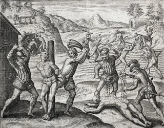 Beschreibung der von spanischen Siedlern an Indianern verübten Verbrechen - Spanier foltern Indianer - Gravur von Theodore de Bry in „Brevisima Relacion de la Destruction de las Indias“ von Bartolome de las Casas (1484-1566)