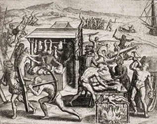 Beschreibung der von spanischen Siedlern an Indianern verübten Verbrechen - Spanische Konquistadoren zwingen Indianer zur Arbeit und misshandeln sie - Anthropophagen-Indianer - Gravur von Theodore de Bry in „Narratio regionum indicarum per Hispanos quosdam