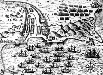 Drake eroberte das Boot „San Giacomo“ auf der Insel Capo Verde im Jahr 1585, von De Bry