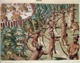 Geschichte Amerikas: „Ein Indianerstamm greift nachts ein Dorf in Florida an“ Gravur aus „Admirante Narratio Americae“ von Theodore de Bry (1528-1598)