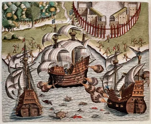 Geschichte Amerikas: „Schlacht zwischen den portugiesischen und französischen Flotten vor der Küste Brasiliens in den Potiguaran-Meeren“ Bericht über die Reisen von Hans Staden, deutscher Entdecker, der mit den spanischen Flotten nach Brasilien reiste, gef