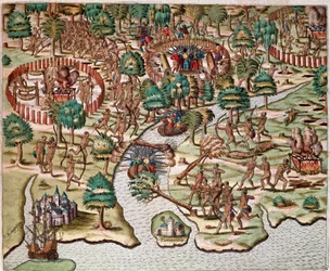 Beschreibung der Belagerungs- und Angriffsmethoden, Indianer kämpfen gegen spanische Armeen. Bericht über die Gefangenschaft von Hans Staden, deutscher Entdecker, der mit den spanischen Flotten nach Brasilien reiste und von den Tupinamba-Indianern gefangen