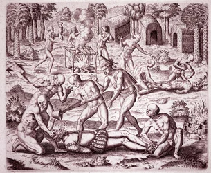 Geschichte Amerikas: Beschreibung der von den Indianern an spanischen Siedlern verübten Folterungen, Gold in ihre Münder gießen und ihre Glieder abschneiden, um sie zu essen (Gravur)