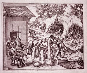 Geschichte Amerikas: Die Spanier nutzen die Goldminen aus (Gravur)