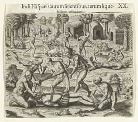 Indianer gießen einem Spanier flüssiges Gold in den Mund, 1594.
