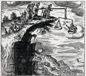 Methode zur Erzwingung eines Geständnisses von einem Verbrecher in Südamerika zur Zeit der Ankunft der Spanier; aus „Travels“ von Theodore de Bry (1528-1598)