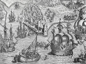 Seeschlacht, Gravur aus der Amerikanischen Geschichte von Theodor de Bry