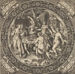 Szene mit einem Liebesfest in einem Kreis in der Mitte, 1580-1600