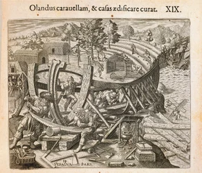 Die Spanier bauen ihr erstes Schiff in der Neuen Welt, Gravur aus Americae pars quarta, sive, Insignis et admiranda historia de reperta primum Occidentali India Christophoro Columbo