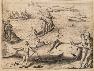 Walfang bei Spitzbergen, Gravur von Theodor de Bry aus India Orientalis
