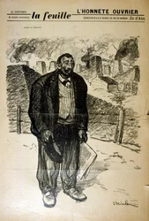 Zeichnung eines armen Fabrikarbeiters vor einer Industrielandschaft von Alexandre Steinlen