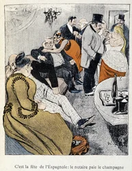 Filles et Marlous: Es ist das Fest der Spanier: der Notar zahlt den Champagner - in „Dans la vie“, von Steinlen 1901 (gleiche Zeichnung wie Nr. 27695)