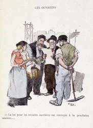 Arbeiter: Das Gesetz über die Arbeiterpensionen wird auf die nächste Sitzung verschoben... - in „Im Leben“ von Steinlen 1901