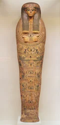 Ägyptischer Sarg einer unbekannten Person, verziert mit Ritualszenen, ca. 1050 v. Chr.