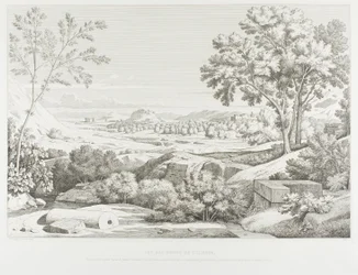 Blick von den Ufern des Illisos: Berge der Argolis, Tempel des Olympischen Zeus, die Akropolis, Palast des Königs Corydalus, Dorf Ambelokipos, Berg Anchesmos, Olivenwald und der Fluss Illisos
