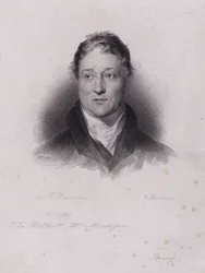 William Huskisson, englischer Politiker und Finanzier, bei einem Eisenbahnunfall von Robert Stephensons Dampflokomotive Rocket überfahren