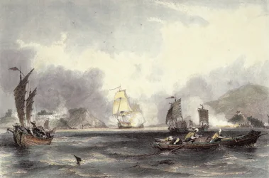 HM Schiffe Imogene und Andromache passieren die Batterien der Bocca-Tigris, ca. 1850