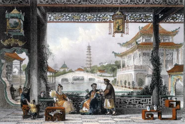 Pavillon und Gärten eines Mandarins in der Nähe von Peking, China, 1843