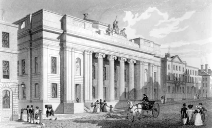 Das Rathaus von Manchester, graviert von Richard Winkles, 1829