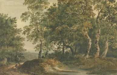 Landschaft mit einem Mann, der Schafe treibt