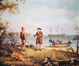 William Penn kommt 1682 zum ersten Mal in Amerika an und trifft einen Ureinwohner