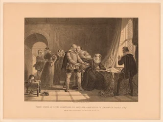 Maria Stuart gezwungen, ihre Abdankung in Schloss Lochleven zu unterschreiben, 1567, 1878