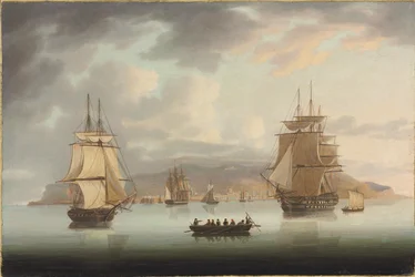 Reede von Funchal, H.M.S. Blenheim mit Greyhound und Harrier auf dem Weg nach draußen