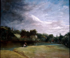 Jungen angeln in einem Reservoir bei Hampstead