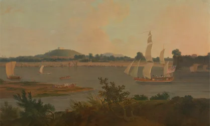 Pinnace segelt den Ganges hinunter am Monghyr Fort vorbei