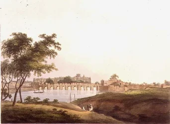 Die Brücke bei Juonpore, Bengalen, graviert von H. Merke