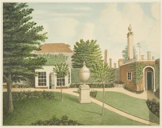 Blick auf die Hauptgartenrasen, Sommerhaus und Bodensterilisierungsraum in der St James