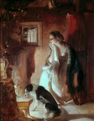 Das kummervolle Herz, eine junge Frau am Feuer, mit traurigem Gesicht vor Kummer. Victoria and Albert Museum, London