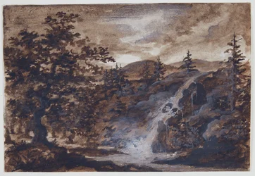 Landschaft mit Felsen, Bäumen und einem Fluss