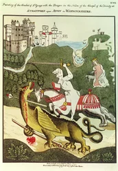 St. Georg und der Drache, nach einem Originalgemälde in der Kapelle der Dreifaltigkeit in Stratford Upon Avon, Warwickshire, 1804