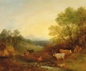 Eine Landschaft mit Vieh und Figuren an einem Bach und einer entfernten Brücke