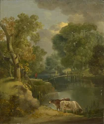 Flusslandschaft mit zwei Kühen und einer Figur auf einer Brücke, 18. Jahrhundert