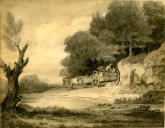 Figuren mit Karren am Straßenrand