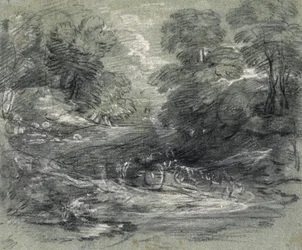 Landschaft mit Bauernwagen auf einem gewundenen Weg zwischen Bäumen