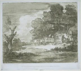 Landschaft mit einem von Pferden gezogenen Wagen entlang eines Wasserlaufs und Waldrands