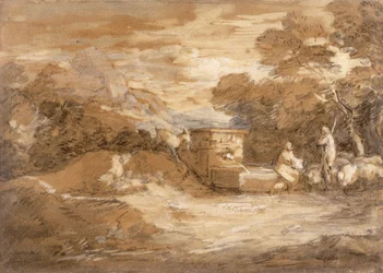 Berglandschaft mit Figuren, Schafen und Brunnen