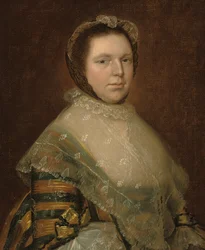 Porträt von Elizabeth Prowse, Halbfigur, in einem blauen und goldenen Kleid