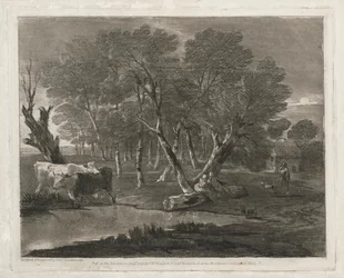 Waldlandschaft mit Kühen neben einem Teich, Figuren und Hütte