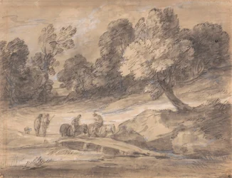 Bewaldete Landschaft mit Figuren zu Pferd, die eine Brücke überqueren