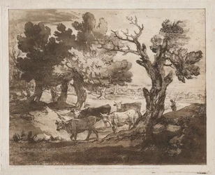 Waldlandschaft mit Hirten und Kühen